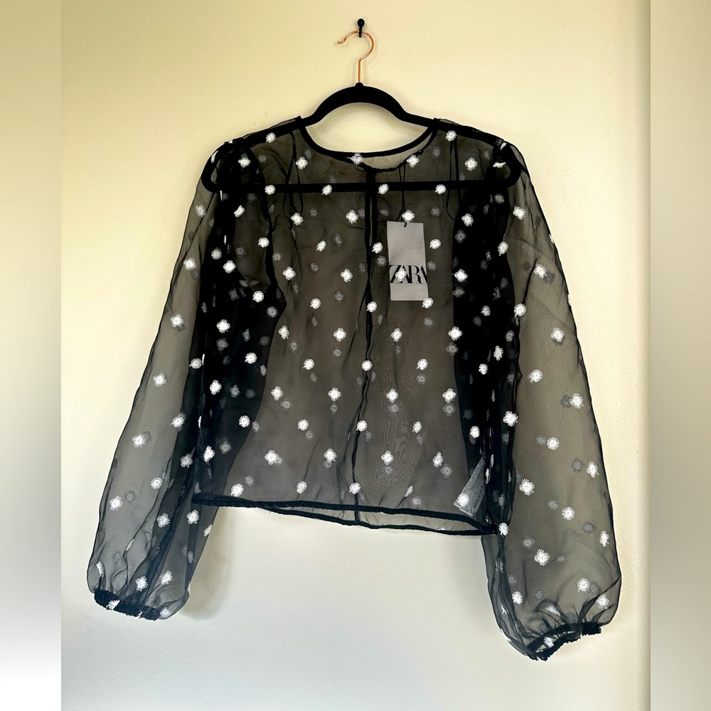 NWT Zara Organza Womens Size M Black Long Sleeve Floral Embroidered Flowers